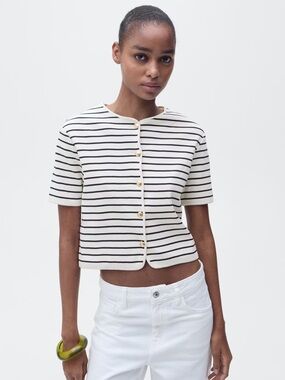 Mango White and Navy short sleeved striped cardigan NWT